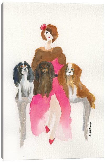Cavalier Lady In Pink Canvas Art Print - Spaniels