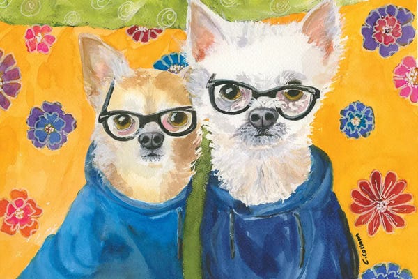 Connie Collum: Chihuahuas In Blue by Connie Collum
