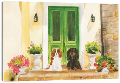 Front Porch Cavaliers Canvas Art Print - Stairs & Staircases
