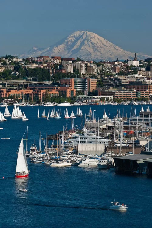 South Lake Union Neighborhood And Mount Rainier As Seen From Lake Union, Seattle, Washington, USA