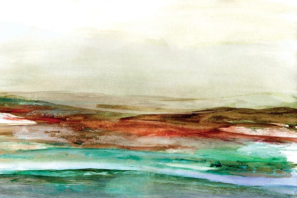 Jae Landow: Teal Red Landscape Watercolor by Jae Landow