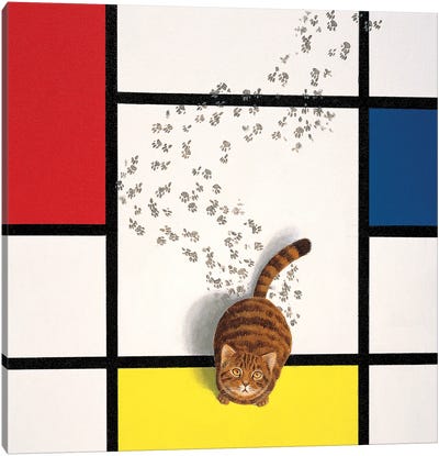 Mondrian Cat Canvas Art Print - Composition with Red, Blue and Yellow Reimagined