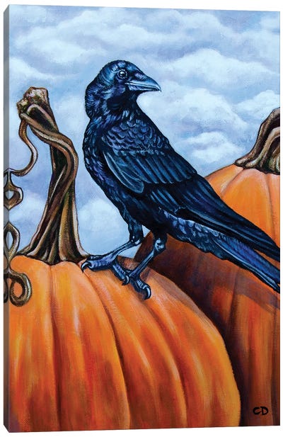 Crow With Pumpkins Canvas Art Print - Pumpkins