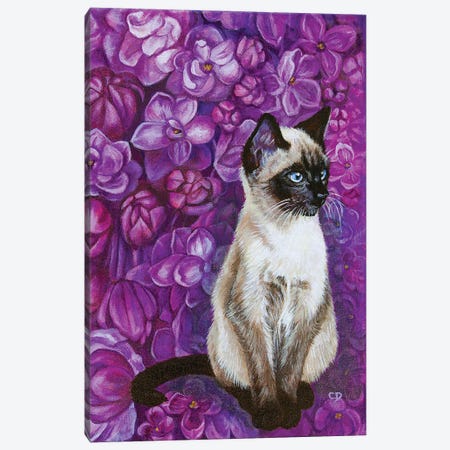Cat With Lilacs Canvas Print #CDO44} by Cyndi Dodes Canvas Wall Art