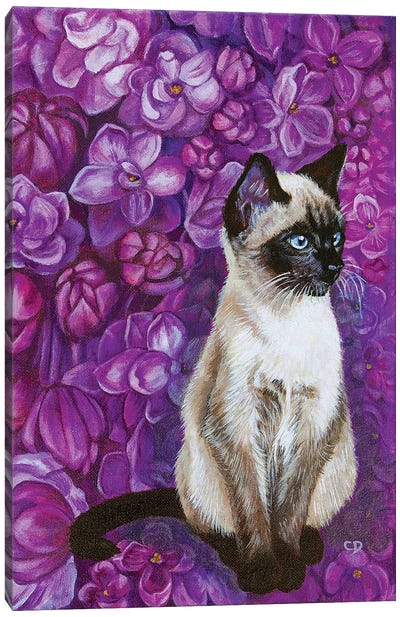 Cat With Lilacs Canvas Art Print - Siamese Cat Art