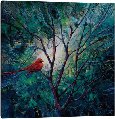 Bird In A Tree Canvas Art Print - Cardinal Art