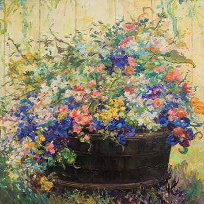 Whiskey Barrel Flowers by Catherine M. Elliott art print