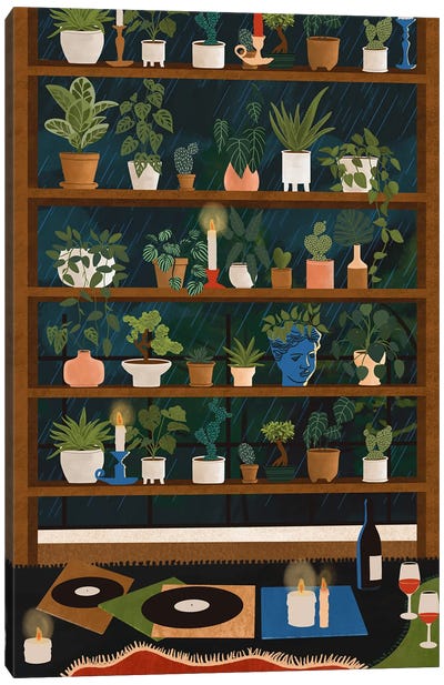 Plant Shelves Rainy Night Canvas Art Print - Interiors