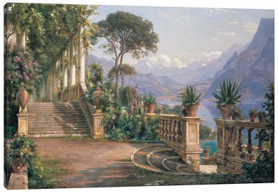 Lodge On Lake Como Canvas Art Print - Stairs & Staircases