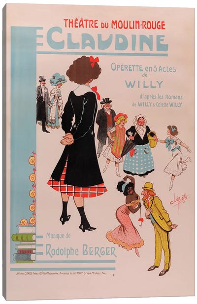Theatre du Moulin Rouge, Claudine Operette En 3 Actes Advertisement, 1910 Canvas Art Print - Concert Posters