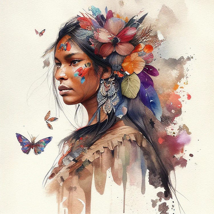 Watercolor Floral Indian Native Woman IX