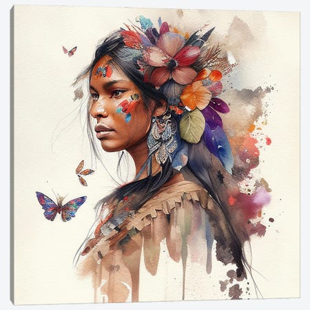 Watercolor Floral Indian Native Woman IX Canvas Print #CFS100} by Chromatic Fusion Studio Canvas Print