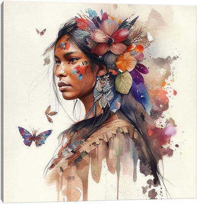 Watercolor Floral Indian Native Woman IX Canvas Art Print - Chromatic Fusion Studio