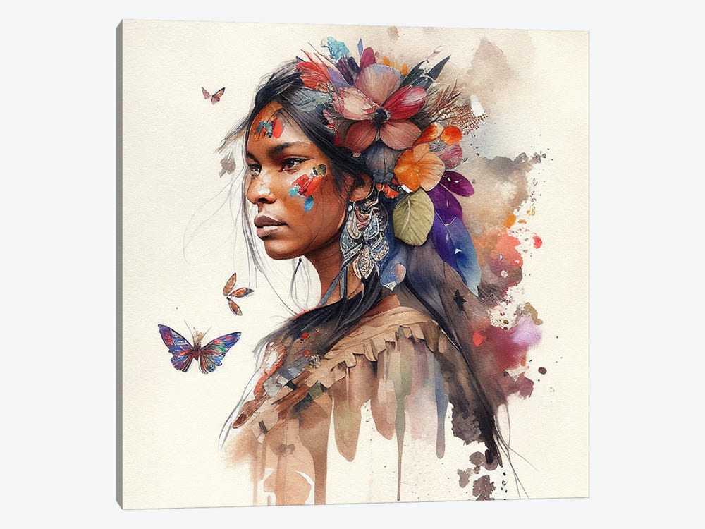Watercolor Floral Indian Native Woman IX by Chromatic Fusion Studio 1-piece Canvas Art