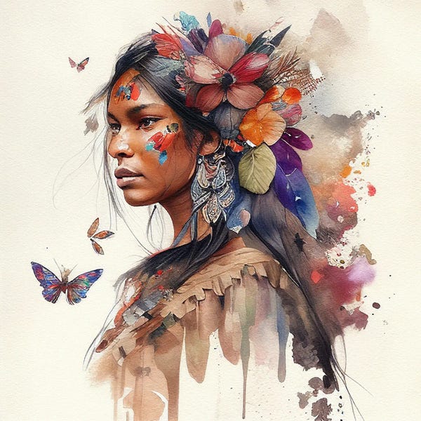 Butterflies and Flowers: Watercolor Floral Indian Native Woman IX by Chromatic Fusion Studio