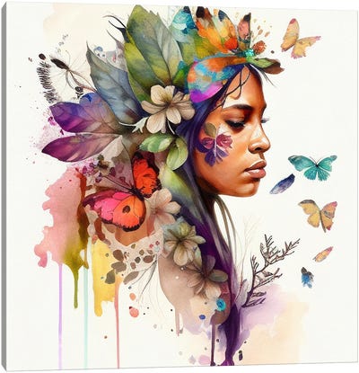 Watercolor Floral Indian Native Woman X Canvas Art Print - Chromatic Fusion Studio