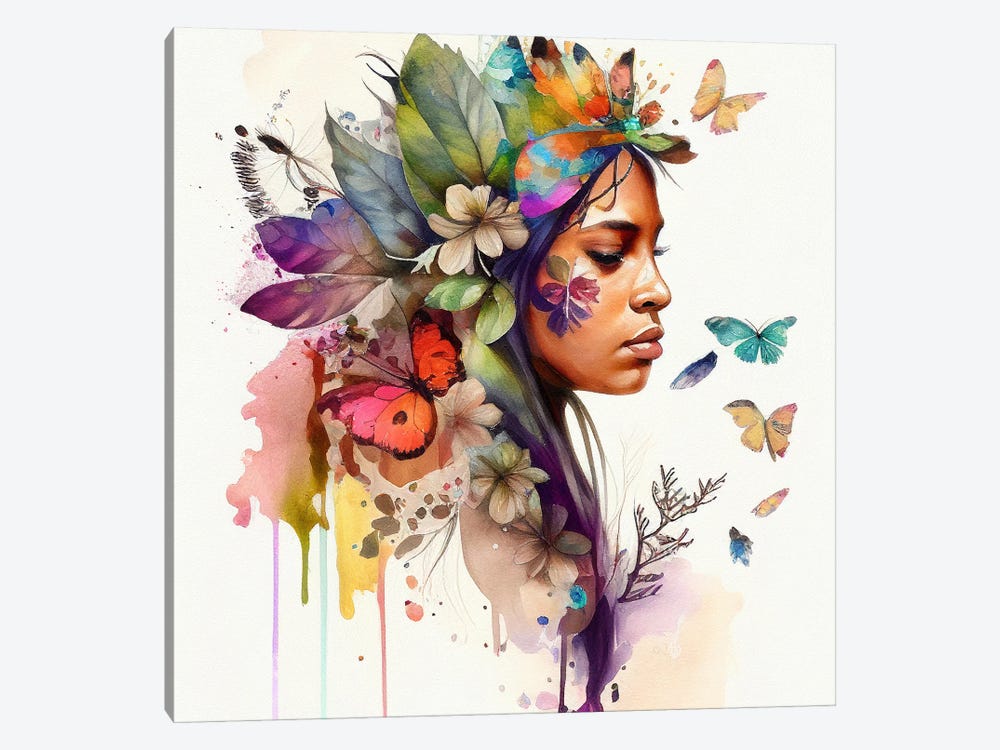 Watercolor Floral Indian Native Woman X by Chromatic Fusion Studio 1-piece Art Print