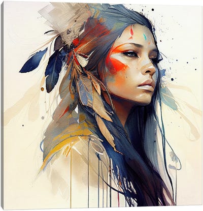 Watercolor Floral Indian Native Woman XIII Canvas Art Print - Native American Décor