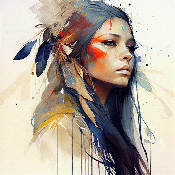 Native American Décor: Watercolor Floral Indian Native Woman XIII by Chromatic Fusion Studio