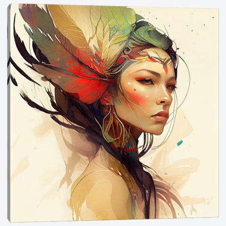 Watercolor Floral Indian Native Woman XIV Canvas Print #CFS105} by Chromatic Fusion Studio Canvas Wall Art