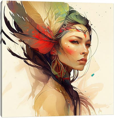 Watercolor Floral Indian Native Woman XIV Canvas Art Print - Chromatic Fusion Studio