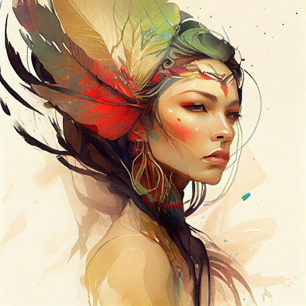 Indigenous & Native American Culture: Watercolor Floral Indian Native Woman XIV by Chromatic Fusion Studio