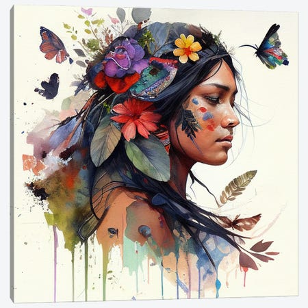 Watercolor Floral Indian Native Woman XV Canvas Print #CFS106} by Chromatic Fusion Studio Canvas Artwork