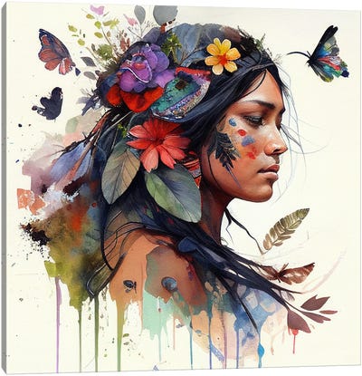 Watercolor Floral Indian Native Woman XV Canvas Art Print - Chromatic Fusion Studio