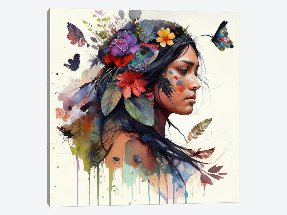 Watercolor Floral Indian Native Woman XV by Chromatic Fusion Studio 1-piece Canvas Wall Art