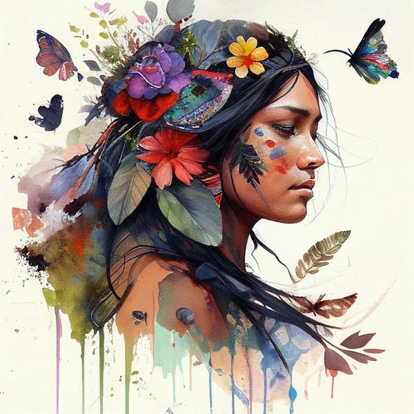 Butterflies and Flowers: Watercolor Floral Indian Native Woman XV by Chromatic Fusion Studio