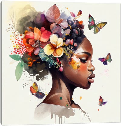 Watercolor Butterfly African Woman VI Canvas Art Print - Chromatic Fusion Studio