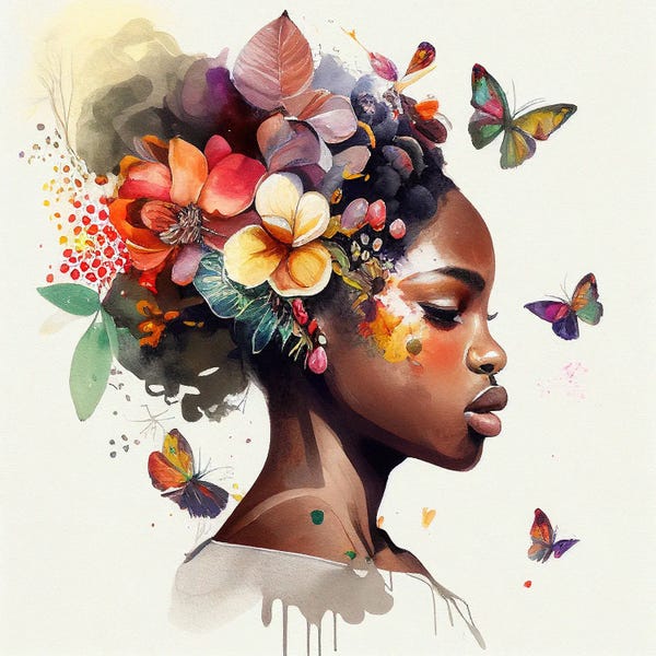 Butterflies and Flowers: Watercolor Butterfly African Woman VI by Chromatic Fusion Studio