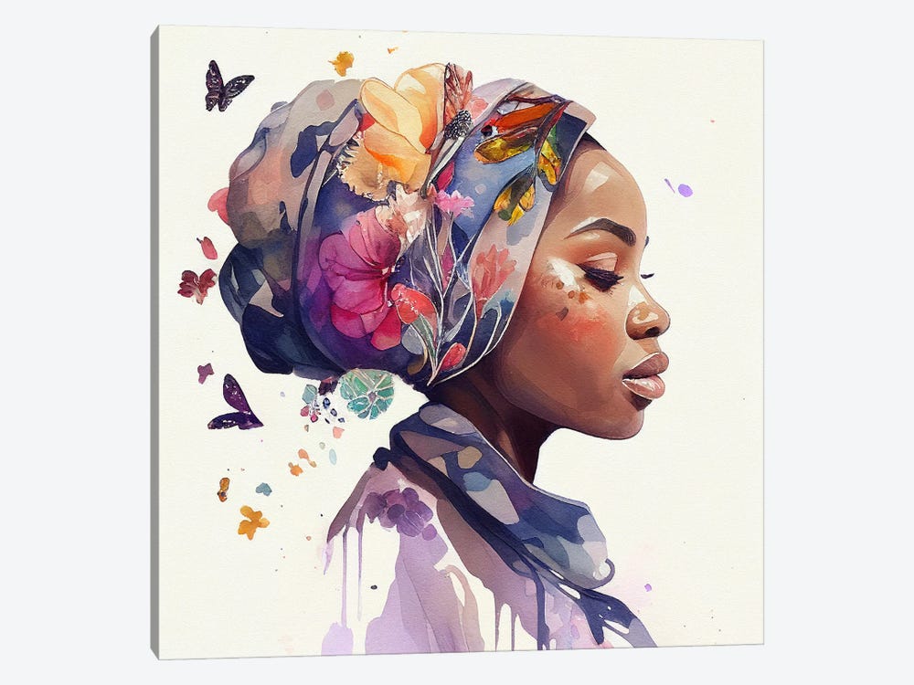 Watercolor Floral Muslim African Woman I by Chromatic Fusion Studio 1-piece Canvas Artwork