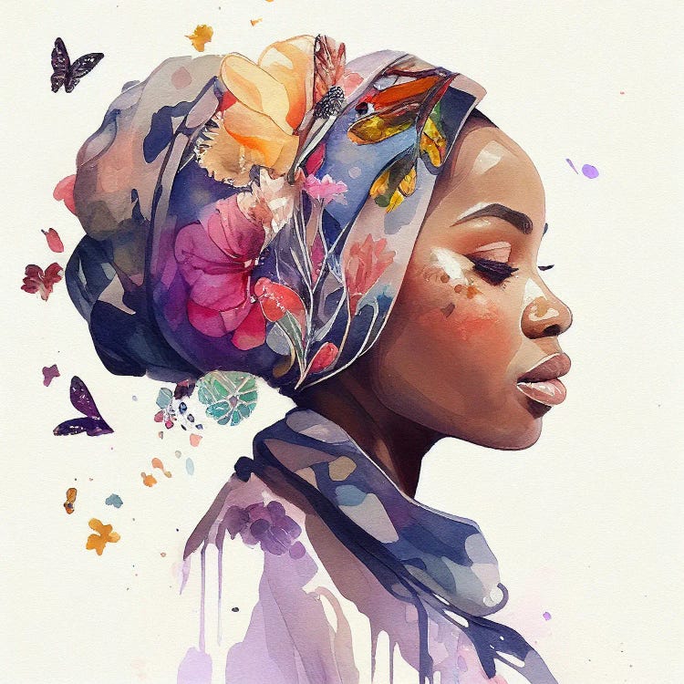 Watercolor Floral Muslim African Woman I