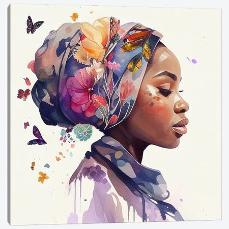 Watercolor Floral Muslim African Woman I Canvas Print #CFS111} by Chromatic Fusion Studio Canvas Art