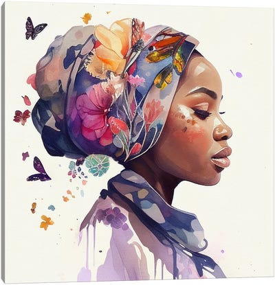 Watercolor Floral Muslim African Woman I Canvas Art Print - Middle Eastern Culture