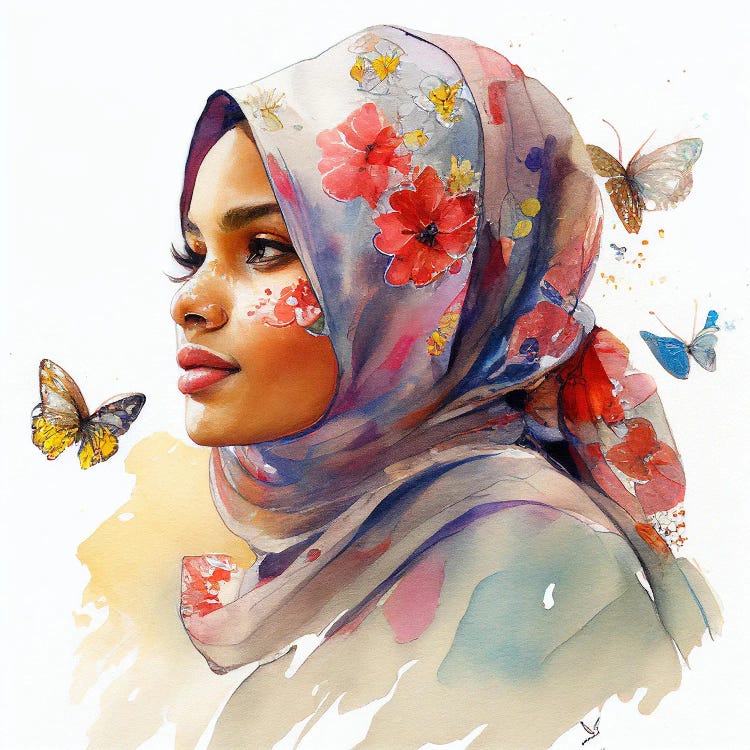 Watercolor Floral Muslim Arabian Woman I