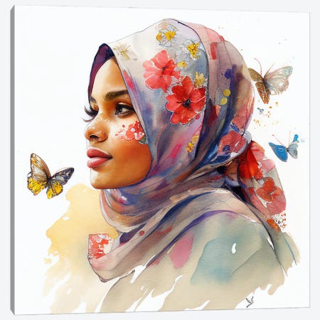 Watercolor Floral Muslim Arabian Woman I Canvas Print #CFS115} by Chromatic Fusion Studio Canvas Print