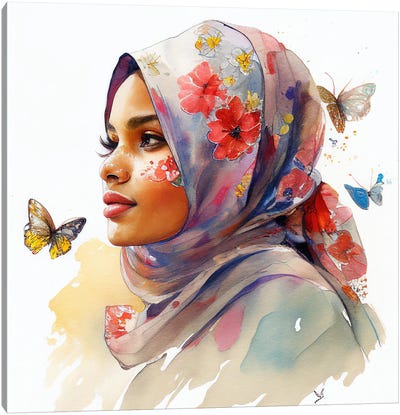 Watercolor Floral Muslim Arabian Woman I Canvas Art Print - Chromatic Fusion Studio