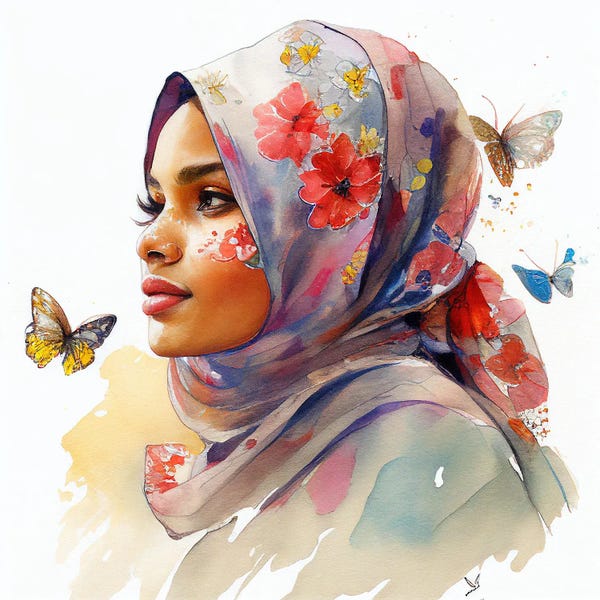 Middle Eastern Décor: Watercolor Floral Muslim Arabian Woman I by Chromatic Fusion Studio