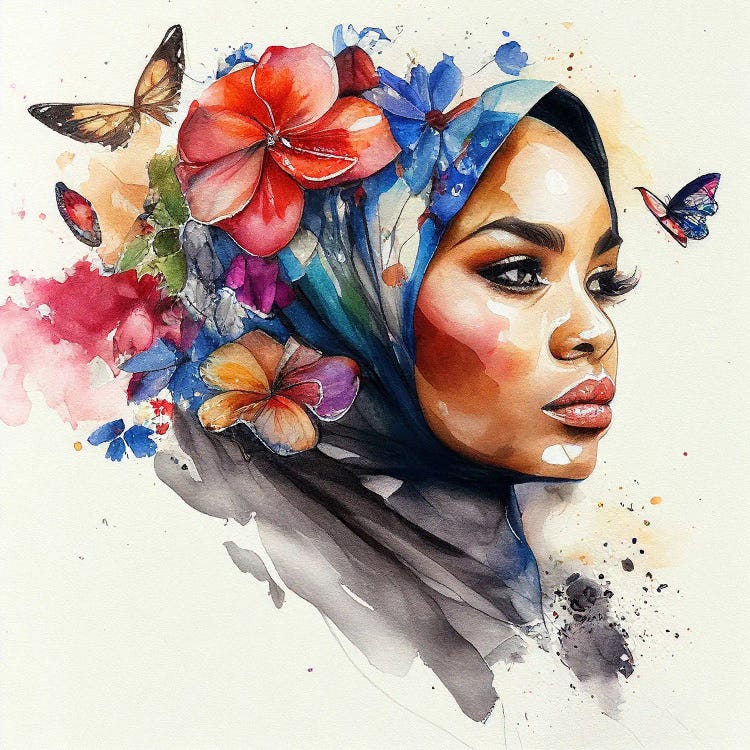 Watercolor Floral Muslim Arabian Woman II