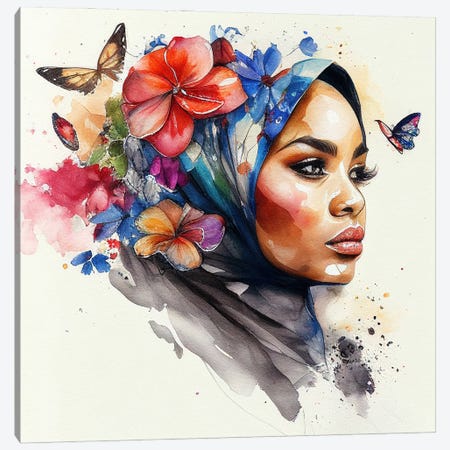 Watercolor Floral Muslim Arabian Woman II Canvas Print #CFS116} by Chromatic Fusion Studio Canvas Art Print