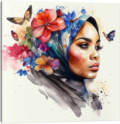 Watercolor Floral Muslim Arabian Woman II Canvas Art Print - Chromatic Fusion Studio