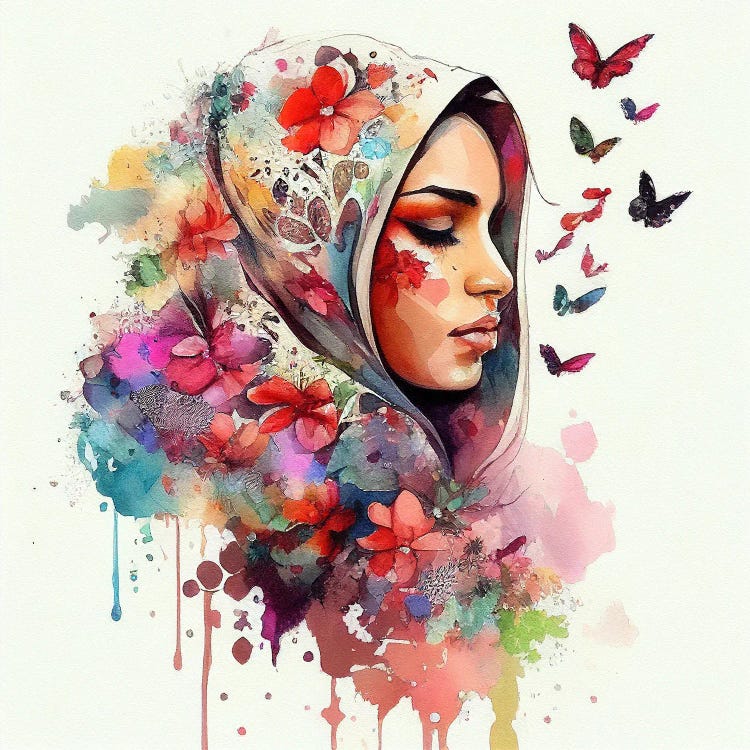 Watercolor Floral Muslim Arabian Woman IV