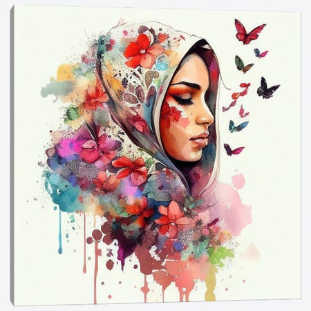 Watercolor Floral Muslim Arabian Woman IV Canvas Print #CFS118} by Chromatic Fusion Studio Canvas Art