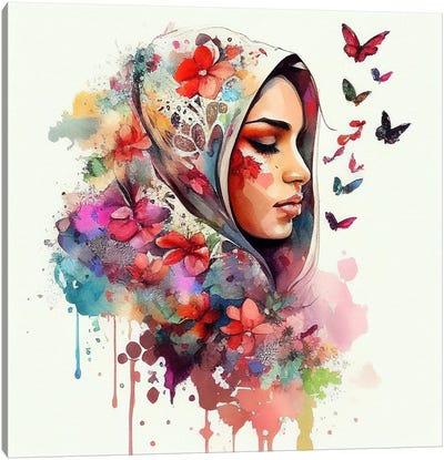 Watercolor Floral Muslim Arabian Woman IV Canvas Art Print - Chromatic Fusion Studio