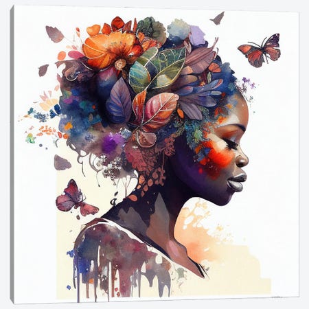 Watercolor Butterfly African Woman IX Canvas Print #CFS11} by Chromatic Fusion Studio Canvas Art Print
