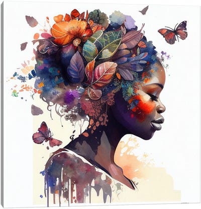 Watercolor Butterfly African Woman IX Canvas Art Print - Chromatic Fusion Studio