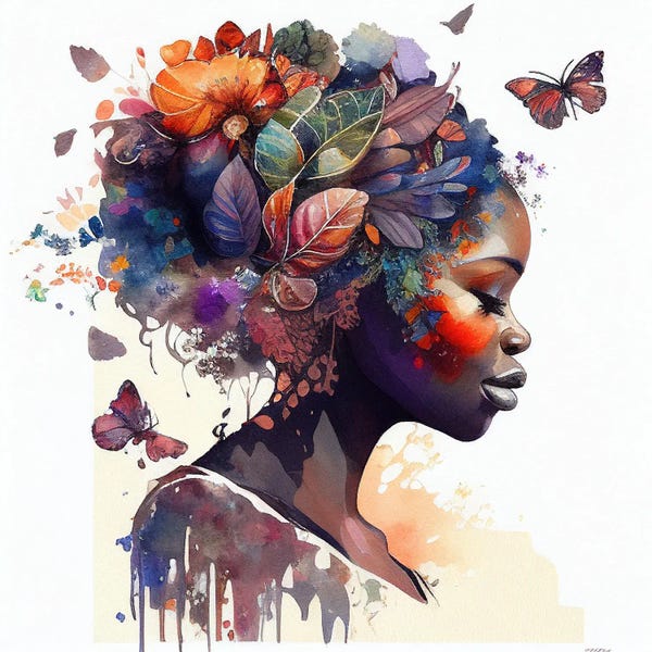 Butterflies and Flowers: Watercolor Butterfly African Woman IX by Chromatic Fusion Studio