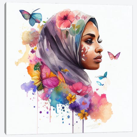 Watercolor Floral Muslim Arabian Woman VII Canvas Print #CFS121} by Chromatic Fusion Studio Art Print